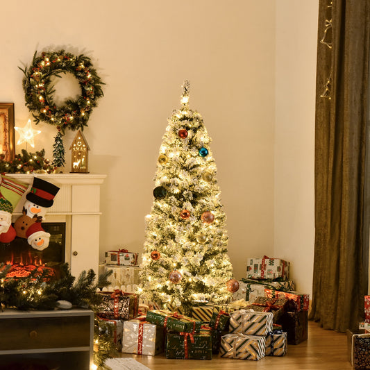 HOMCOM 5FT Prelit Snow Flocked Christmas Tree w/ Light, Indoor Home Xmas Decoration