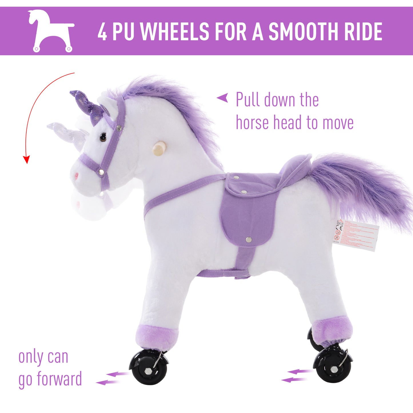 HOMCOM Four Wheel Sit-On Unicorn Horse Neigh Button Plush Safe Seat Handlebar Wood Frame