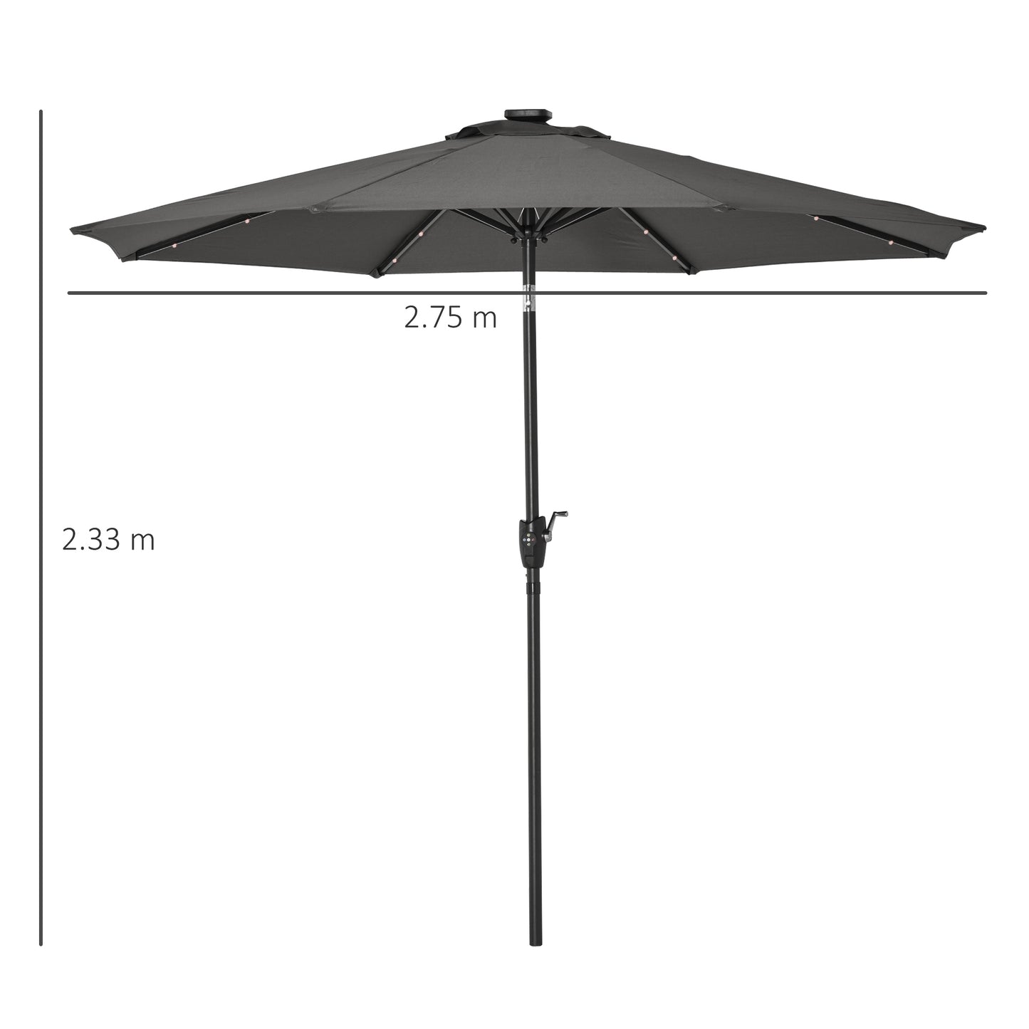 Outsunny Garden Parasol Outdoor Tilt Sun Umbrella Patio 24 LED Light Hand Crank Grey