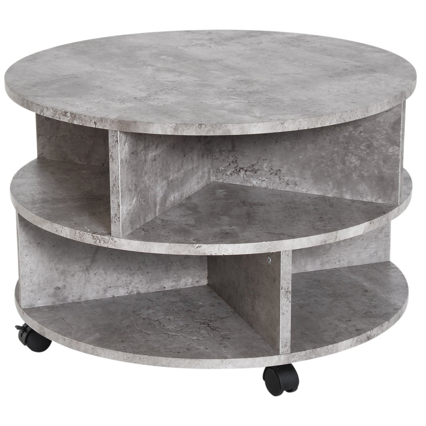 HOMCOM 2 Tier Round Side End Table Coffee Desk with Divided Shelves Tea Table Storage Unit Living Room Organiser with Wheels - Cement colour