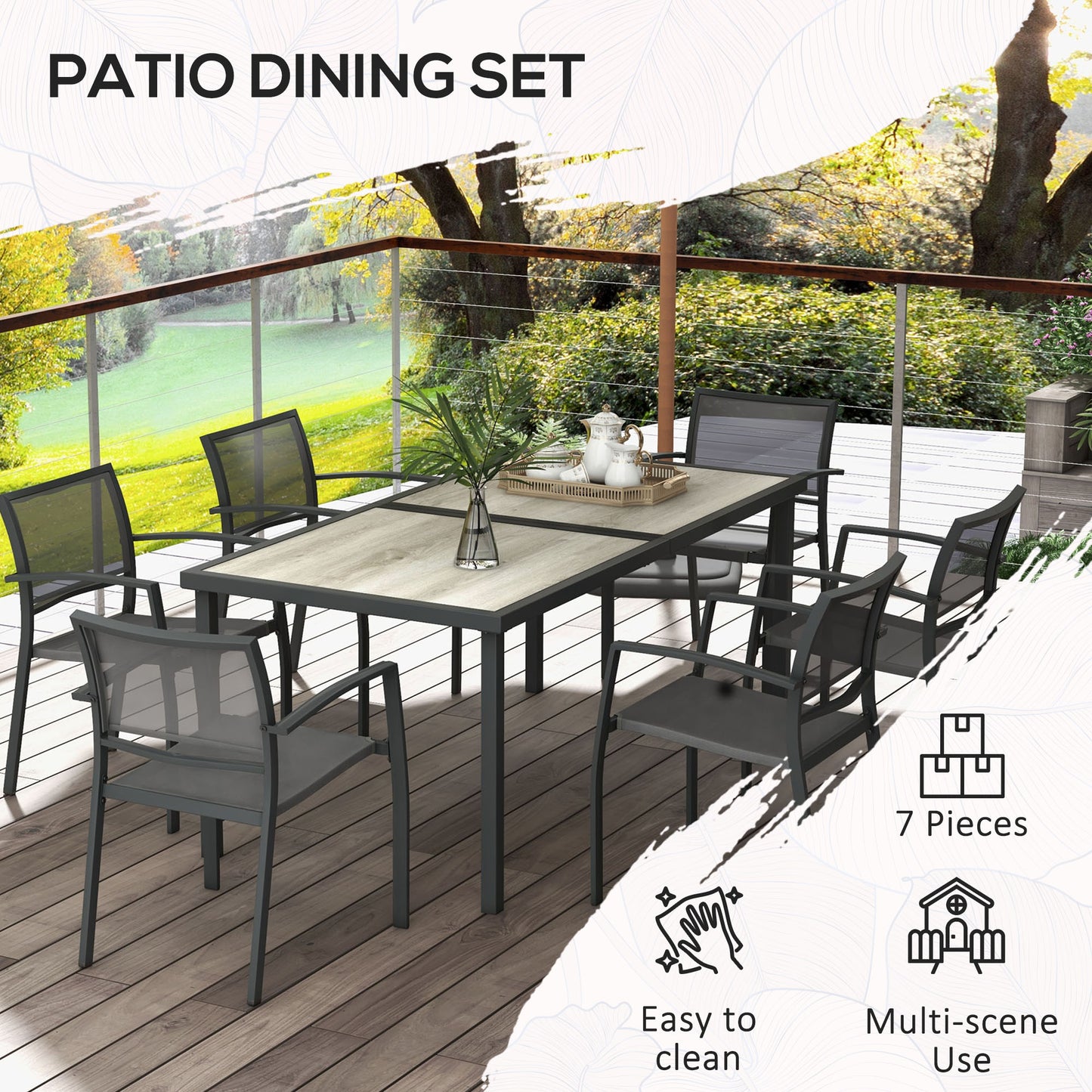 Outsunny 7 Pieces Garden Dining Set, Stackable Chairs, Outdoor Patio Dining Set, 6 Seater Outdoor Table and Chairs with Breathable Mesh Seat, Back, Plastic Top for Poolside, Space-Saving, Grey