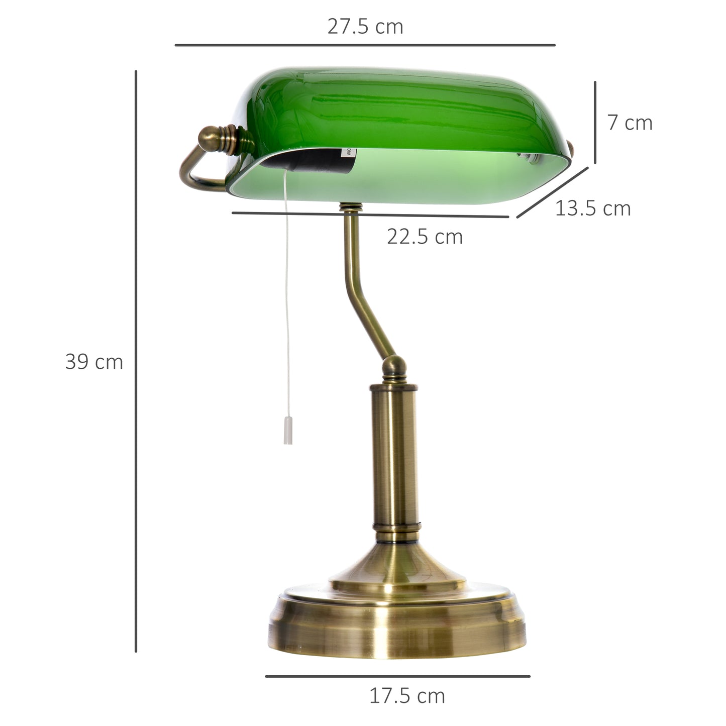 HOMCOM Banker's Table Lamp w/ Antique Bronze Base, Green Glass Shade, Pull Rope Switch
