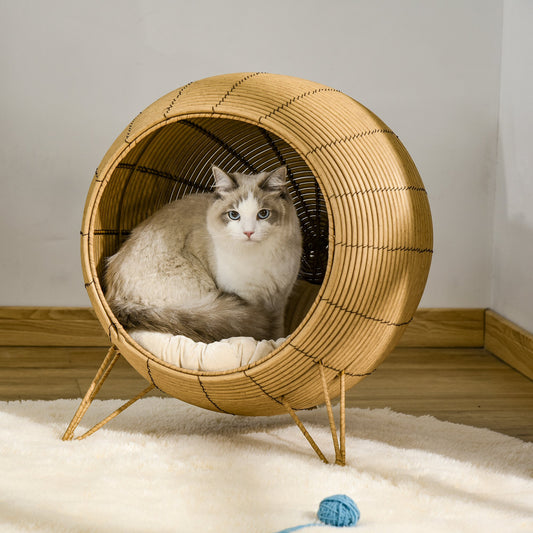 PawHut Wicker Cat Bed Elevated Rattan Kitten Basket with Soft Cushion Light Brown