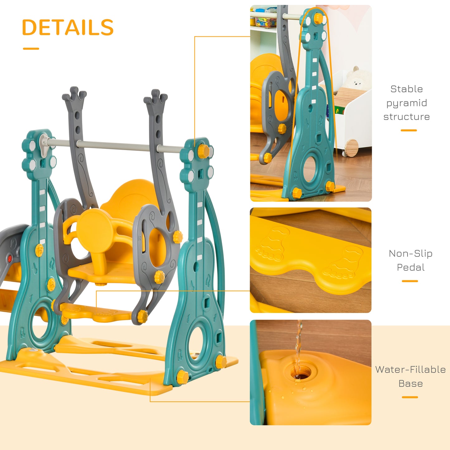 HOMCOM 3-IN-1 Kids Swing and Slide Set Activity Center w/ Basketball Hoop Slide Swing