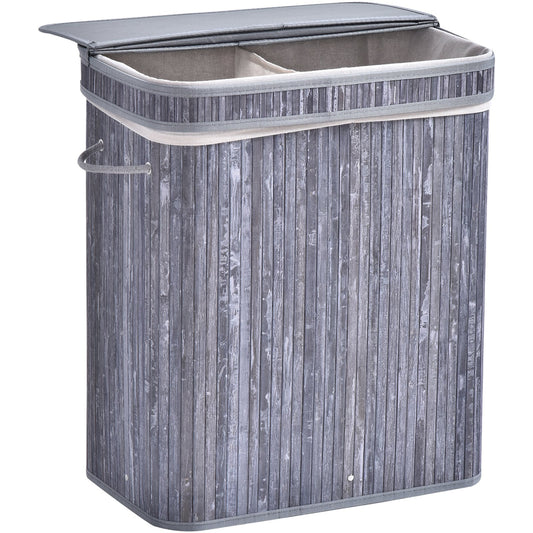 HOMCOM 100L 2-Compartment Bamboo Laundry Basket Grey