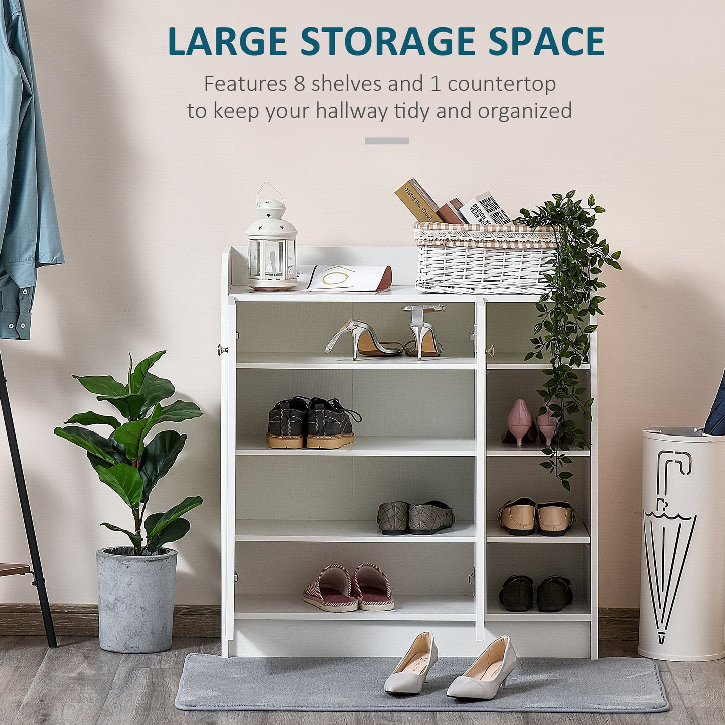 HOMCOM Shoe Storage Cabinet W/Adjustable Shelves-White