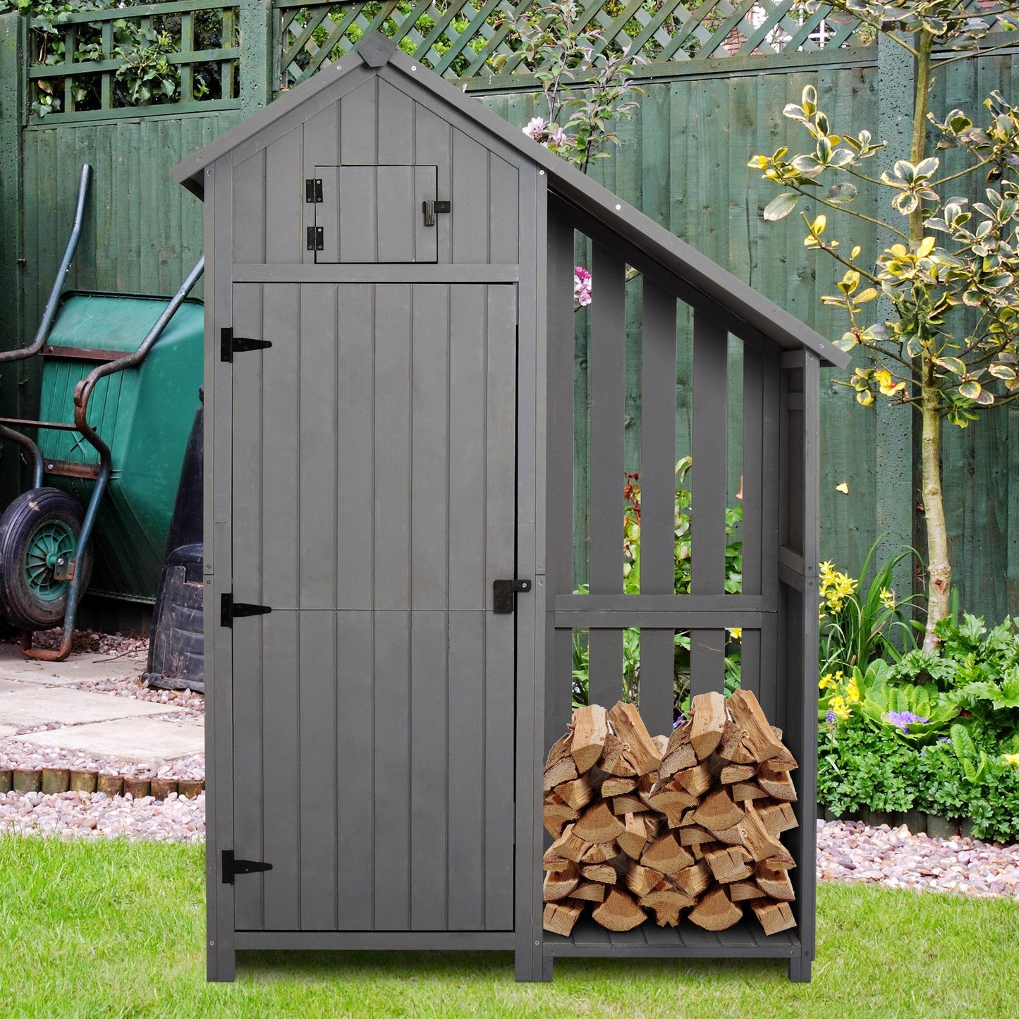 Outsunny 1.8 x 4.2ft Fir Wood Garden Shed with Outside Storage - Grey