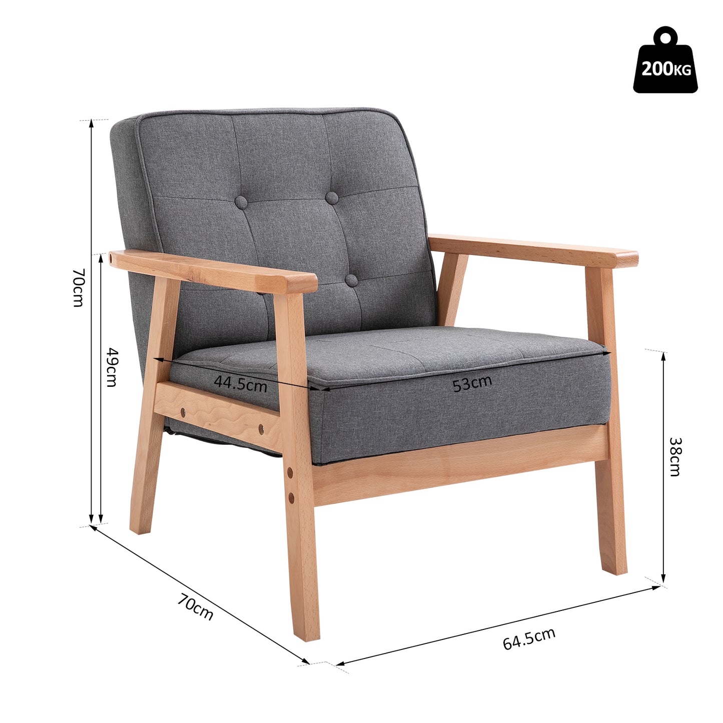 HOMCOM Chair W/Linen Beech High Elastic Sponge Non-Woven Bottom, 64.5W x 70D x 70Hcm-Grey/Natural Wood Colour