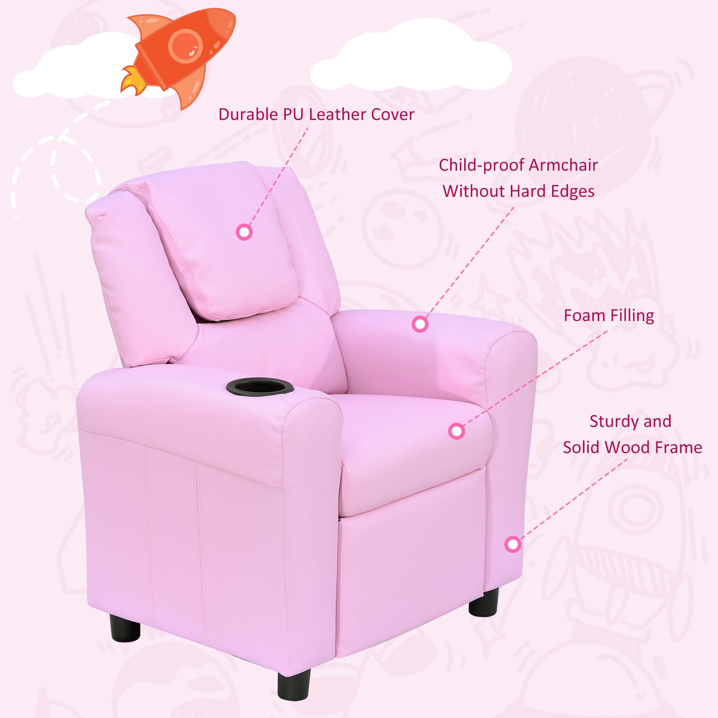 HOMCOM Children Recliner Armchair W/ Cup Holder-Pink