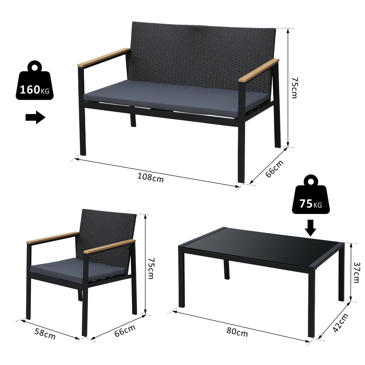 Outsunny 4-Seater Outdoor PE Rattan Table and Chairs Set Black