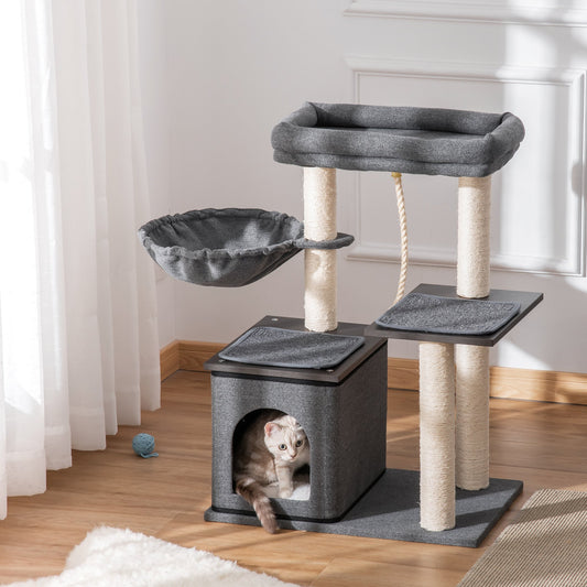 PawHut Cat Tree with Sisal Scratching Post Bed Condo Perch Teasing Rope Dark Grey