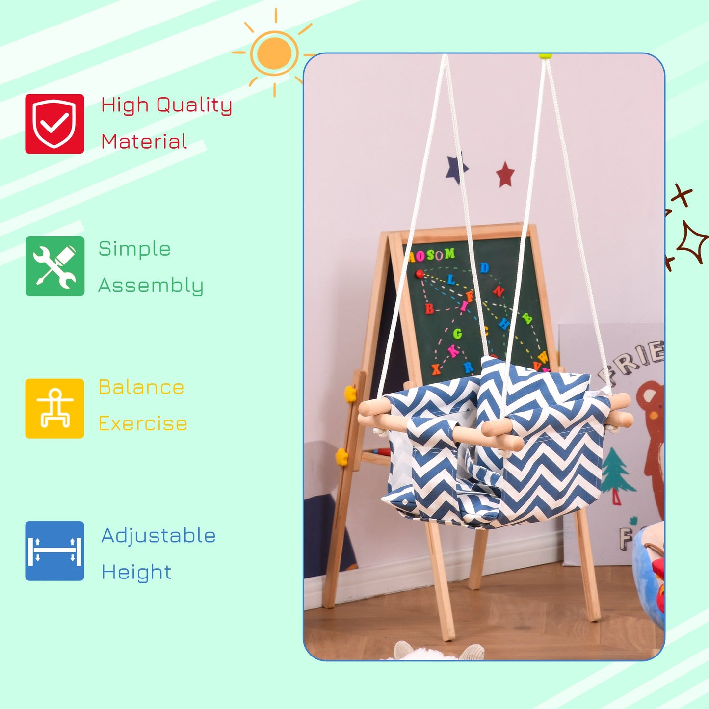 Outsunny Baby Swing Chair with Wooden Frame Cotton Cushion Pillow Indoor Outdoor