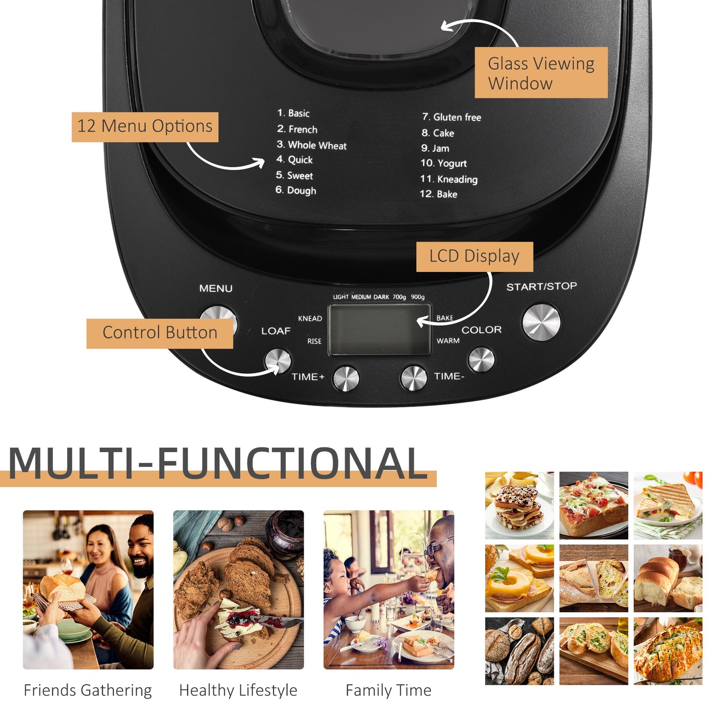 HOMCOM 12-in-1 Programmed Bread Maker w/ 13-Hour Delay Timer Keep Warm Function Black