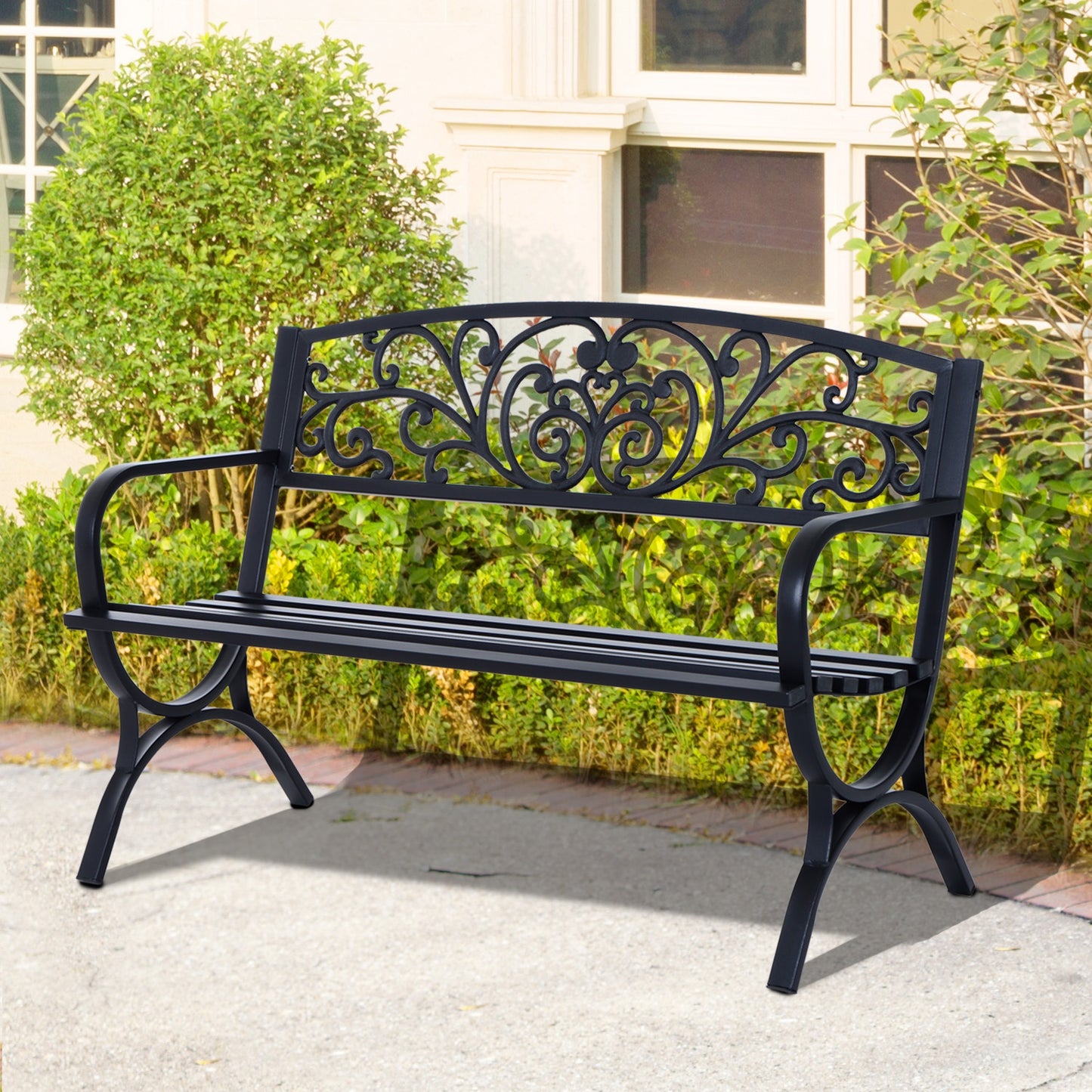 Outsunny 127L x 60W x 85H cm Powder Coated Garden Bench for Patio Backyard, Steel-Black