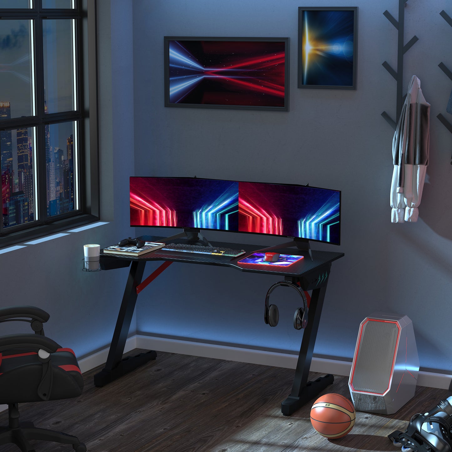 HOMCOM Racing Style Z-Shaped Gaming Desk Computer Table Work Station with LED Lights