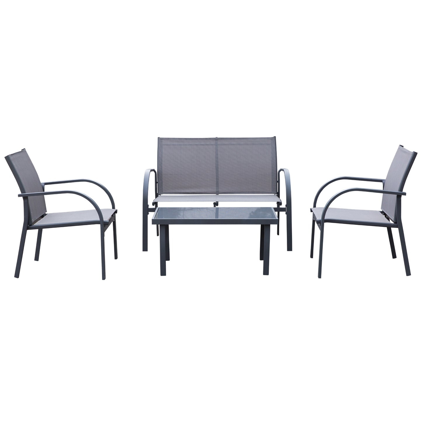 Outsunny 4 Pcs Curved Steel Outdoor Dining Set w/ Loveseat 2 Chairs Glass Top Table Grey