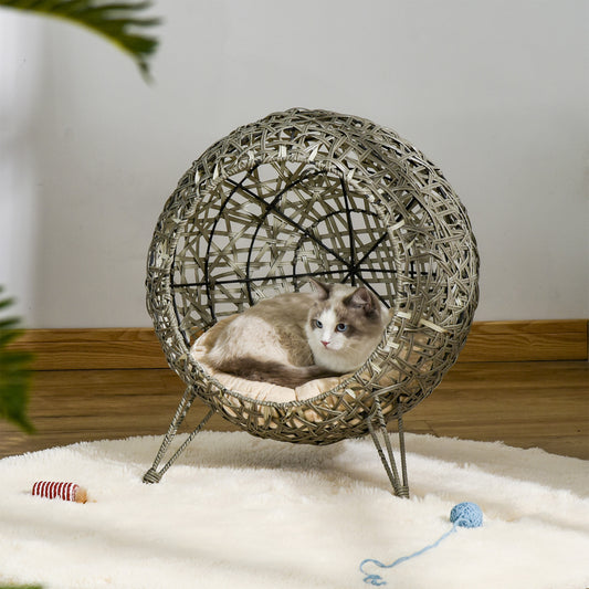 PawHut Rattan Wicker Elevated Cat House Kitten Pussy Basket Pet Bed w/ Cushion Smoky Grey