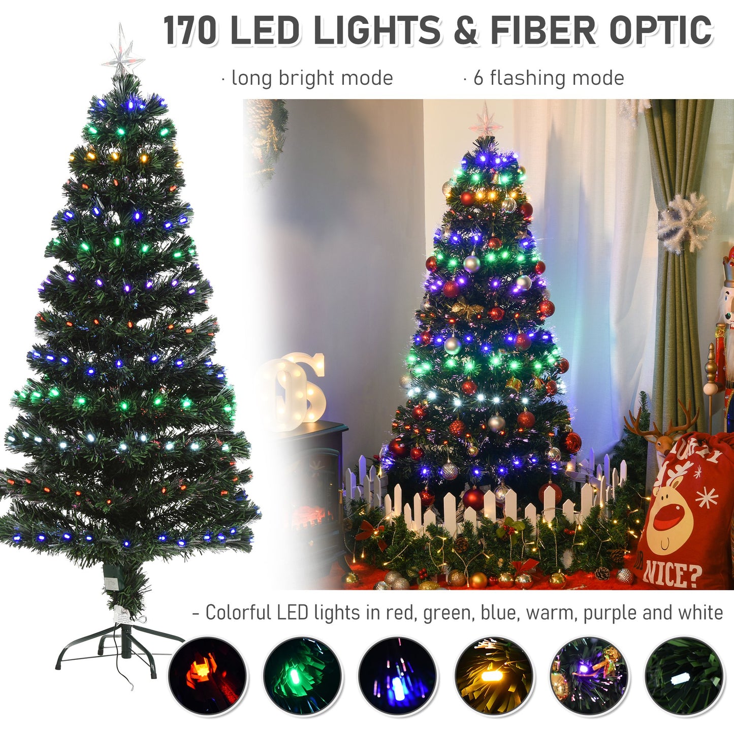 HOMCOM 150CM Pre-Lit Fibre Optic Christmas Tree Metal Base 170 Branch Tip LED Lights