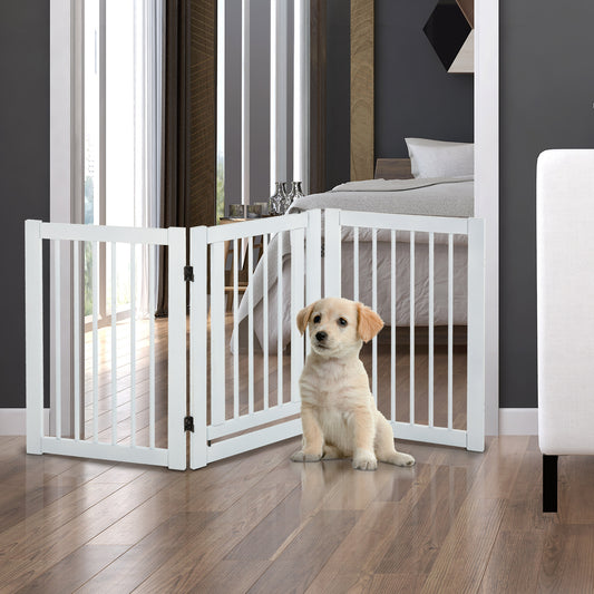 PawHut MDF Freestanding Expandable Dog Gate Wood Doorway Pet Barrier Fence w/ Latched Door White