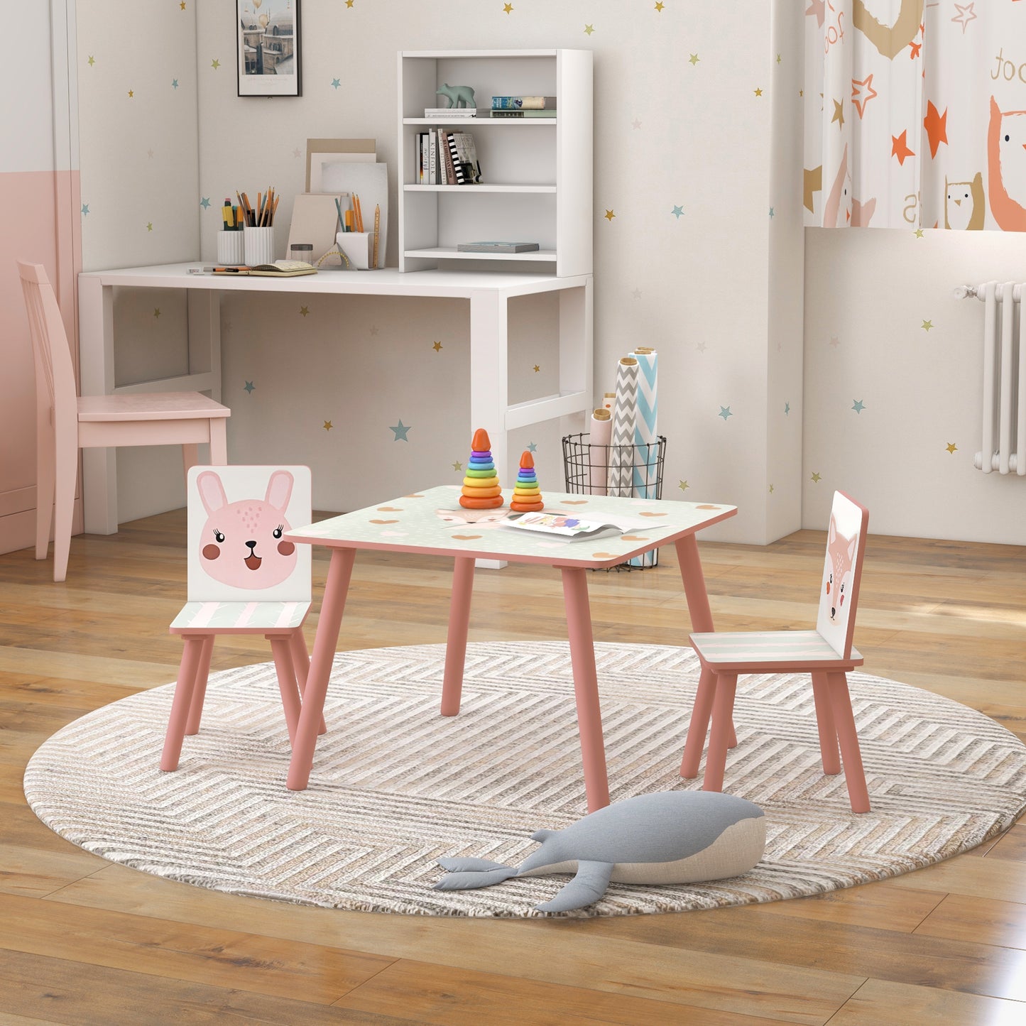 ZONEKIZ Kids and Table Chairs Children Desk with Two Chairs Toddler Furniture Set for Ages 36 Years Pink