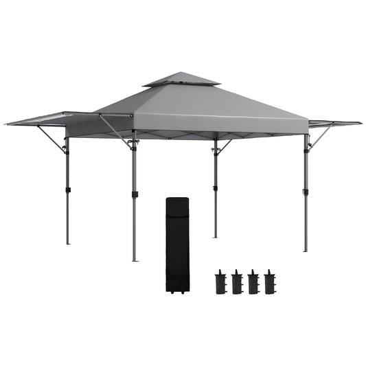 Outsunny 5 x 3(m) Pop Up Gazebo with Extend Dual Awnings, 1 Person Easy up Marquee Party Tent with 1-Button Push, Double Roof, Wheeled Bag, Sandbags, Height Adjustable Instant Shelter, Grey