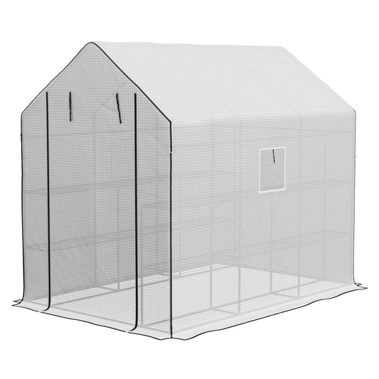 Outsunny Walkin Greenhouse with 3 Tier Shelves Outdoor Green House Garden Grow House with Reinforced PE Cover Rollup Door and Mesh Windows 140 x 213 x 190cm White