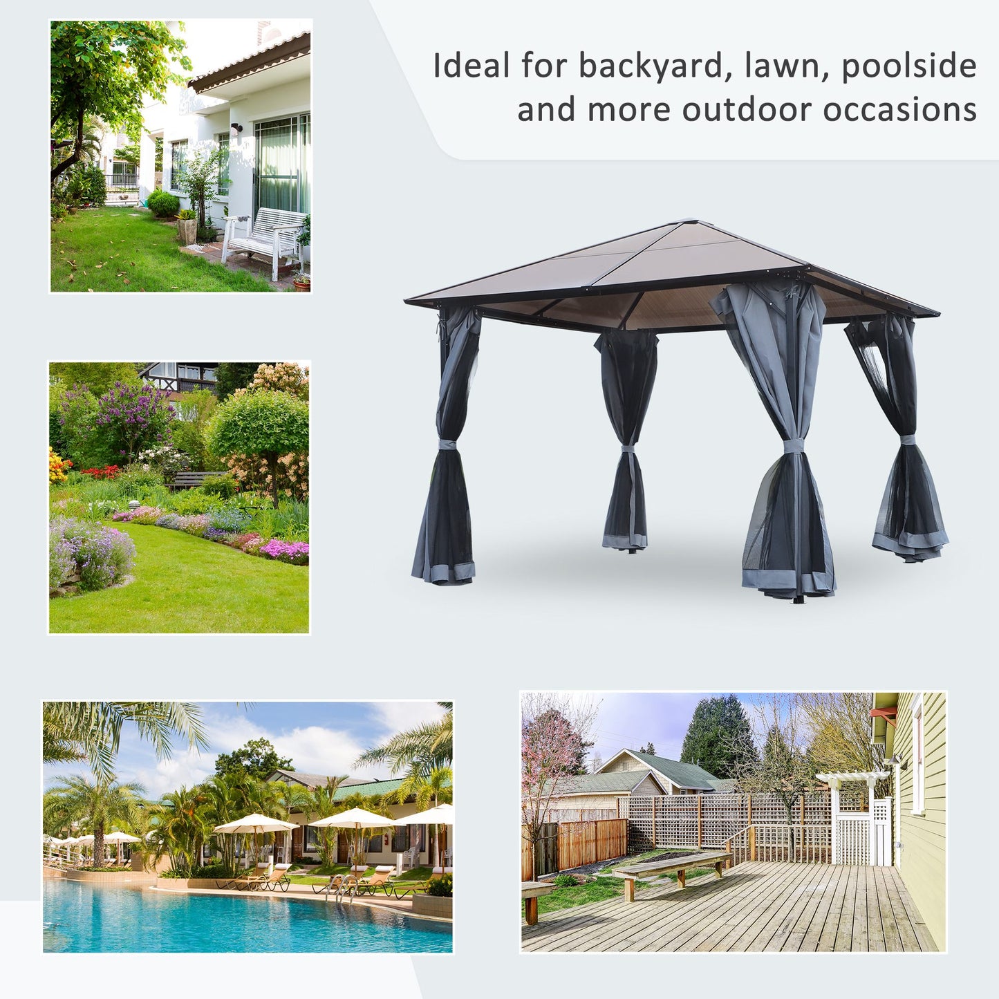 Outsunny 3m x 3m Hardtop Metal Frame Mesh Draped Gazebo Grey