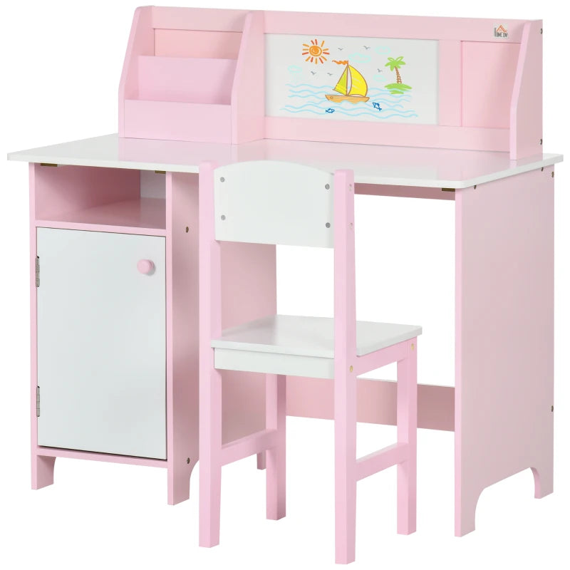 HOMCOM Kids Table and Chair Set Two-Piece Table and Chair Set Multi Use Toddler Furniture w/ Whiteboard - Pink