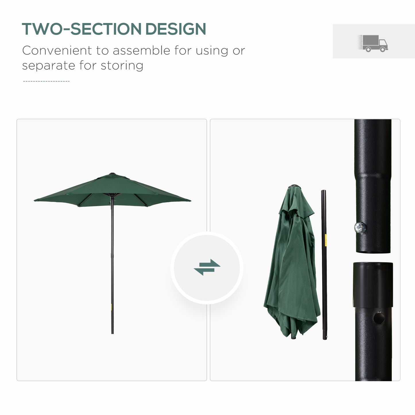 Outsunny 1.96m Parasol Patio Umbrella, Outdoor Sun Shade with 6 Sturdy Ribs for Balcony, Bench, Garden, Green