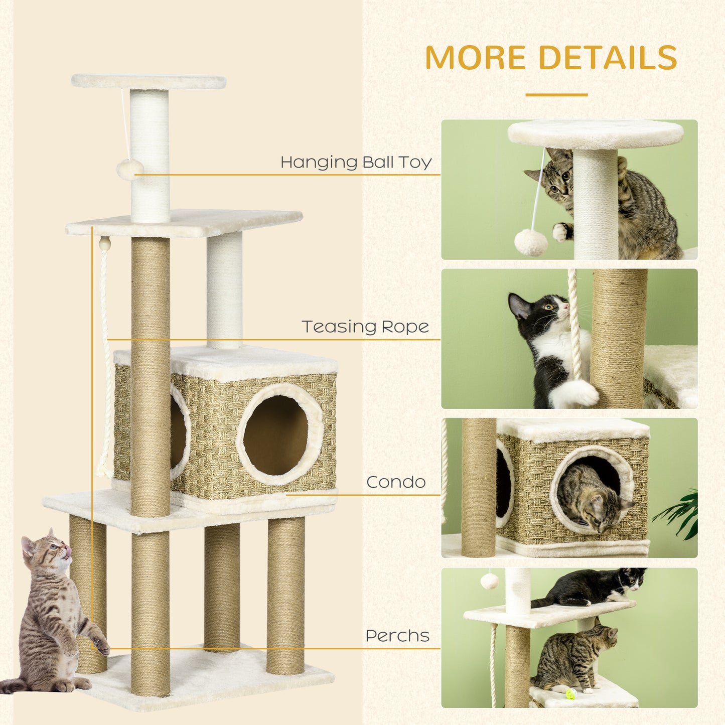 PawHut Cat Tree, Climbing Kitten Cat Tower Activity Center for Indoor Cats with Jute Scratching Post, Beige