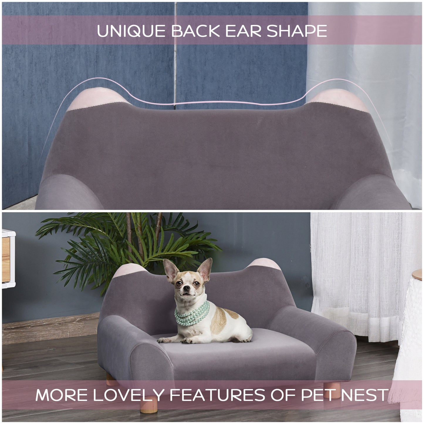 PawHut Pet Sofa Couch, Velvet-Touch Dog Bed, Cat Lounger w/ Four Wooden Legs 63x43x36 cm - Grey