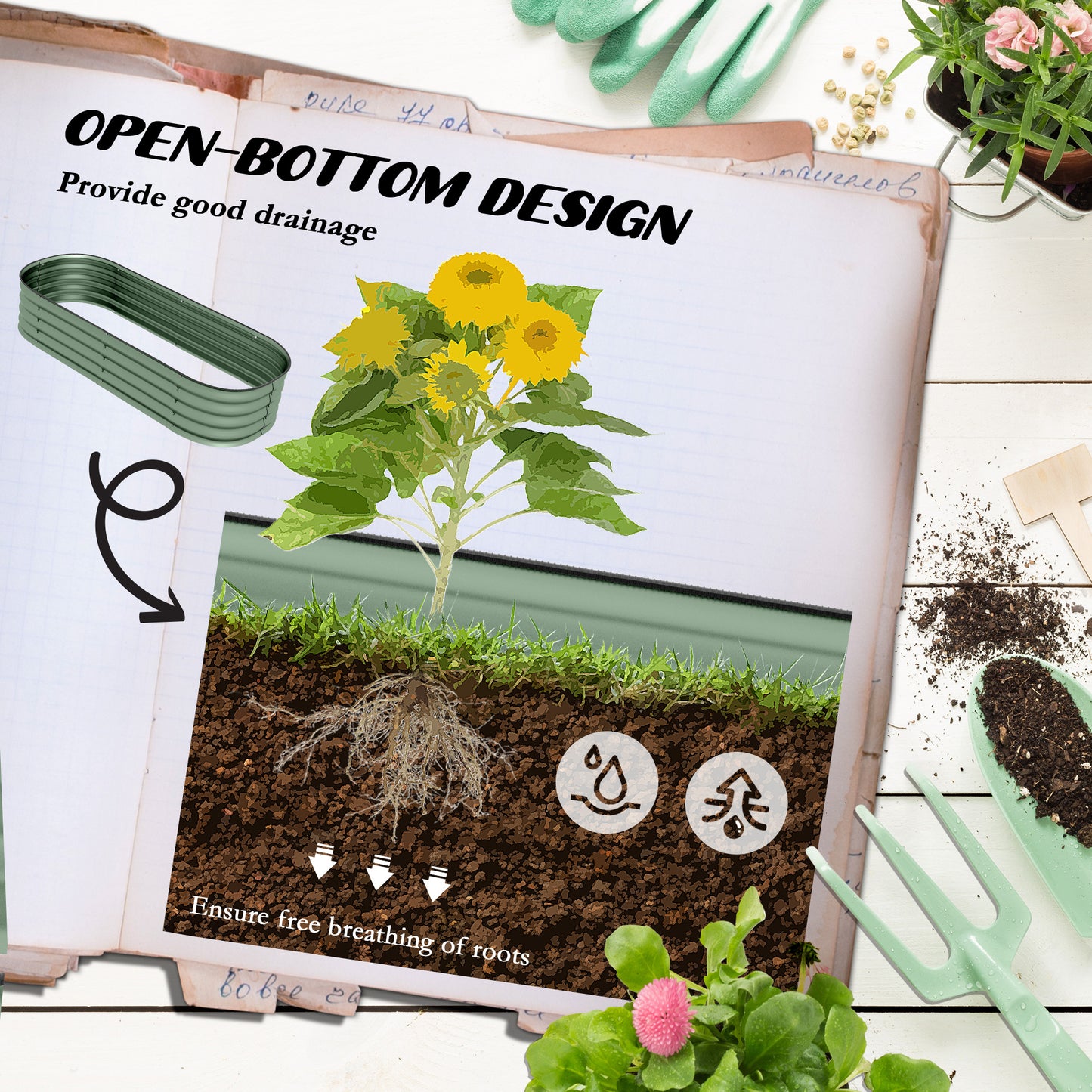 Outsunny Galvanised Raised Garden Bed Metal Planter Box with Safety Edging for Flowers Herbs Succulents Green