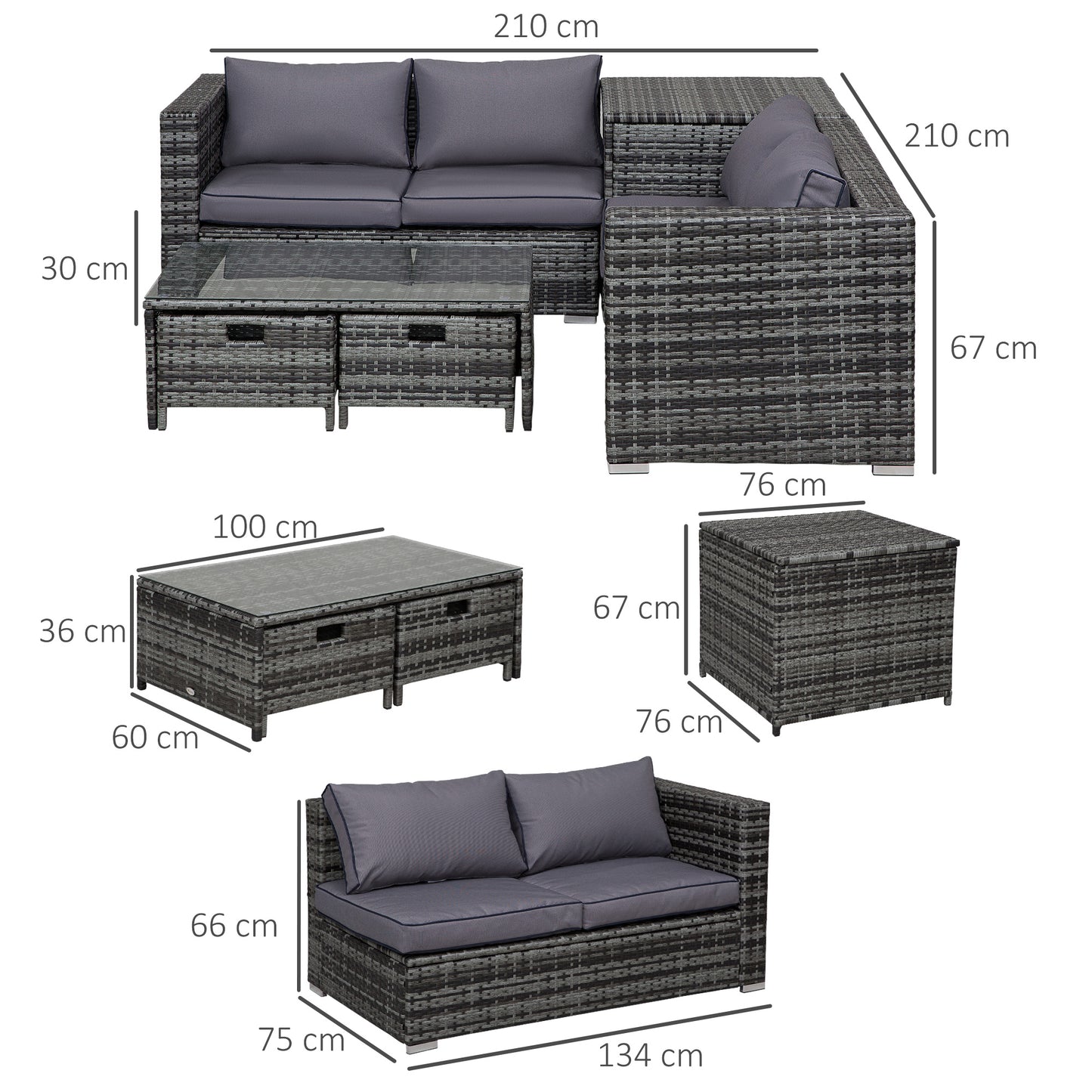 Outsunny 4 pcs Rattan Furniture Sofa Storage Table Set w/ 2 Drawers Corner Table Grey