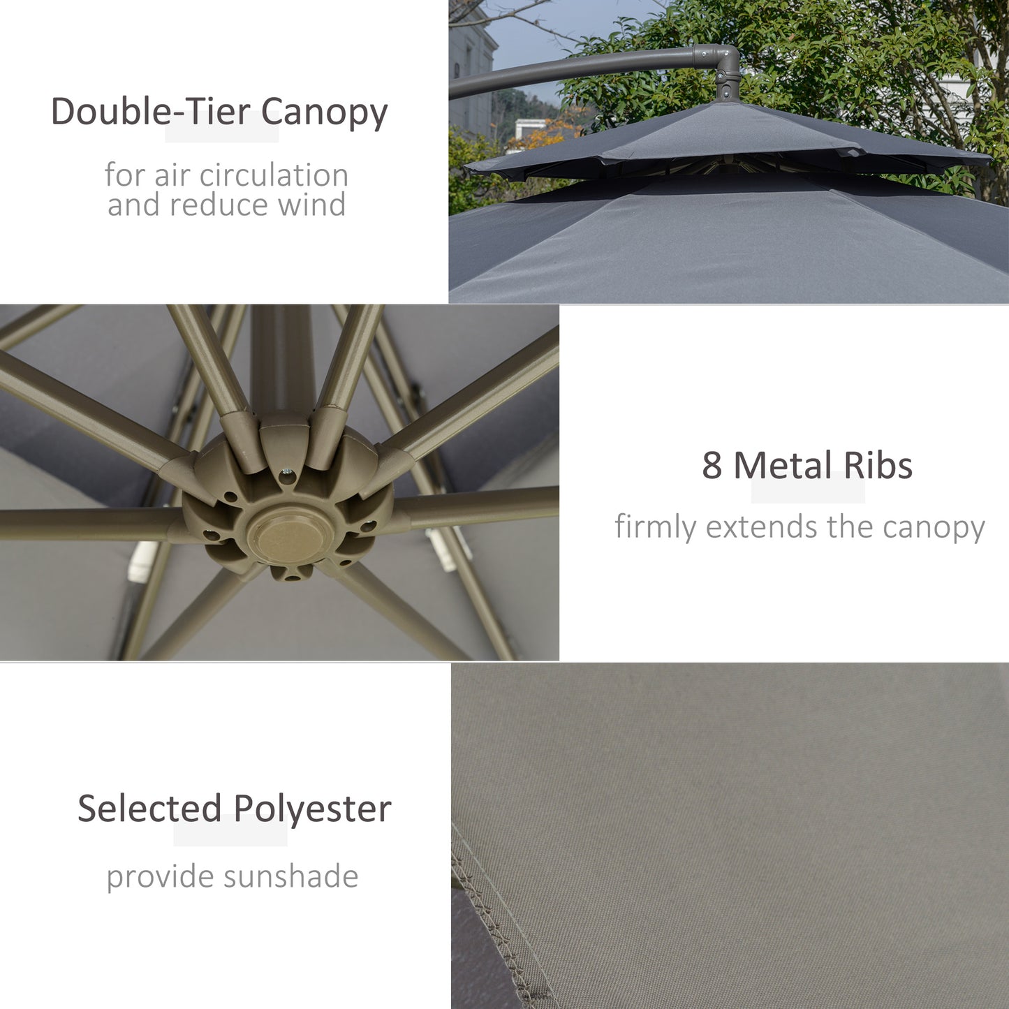 Outsunny 2.7m Garden Banana Parasol Cantilever Umbrella with Crank Handle, Double Tier Canopy and Cross Base for Outdoor, Hanging Sun Shade, Dark Grey w/ Canopy, Crank,