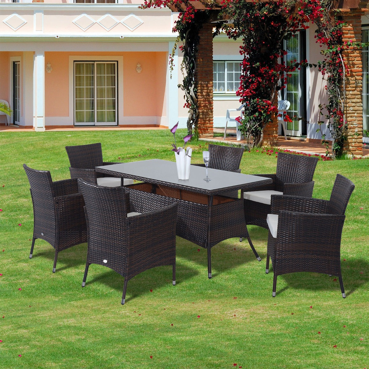 Outsunny 7 Pcs Rattan Dining Set-Brown