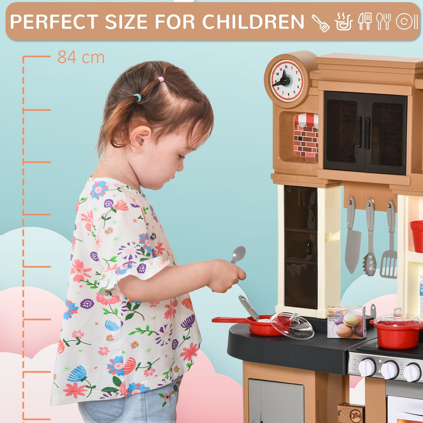 HOMCOM 58 PCS Kids Kitchen Play Cooking Toy Set, w/ Light, Sound, for 3-6 Years Old