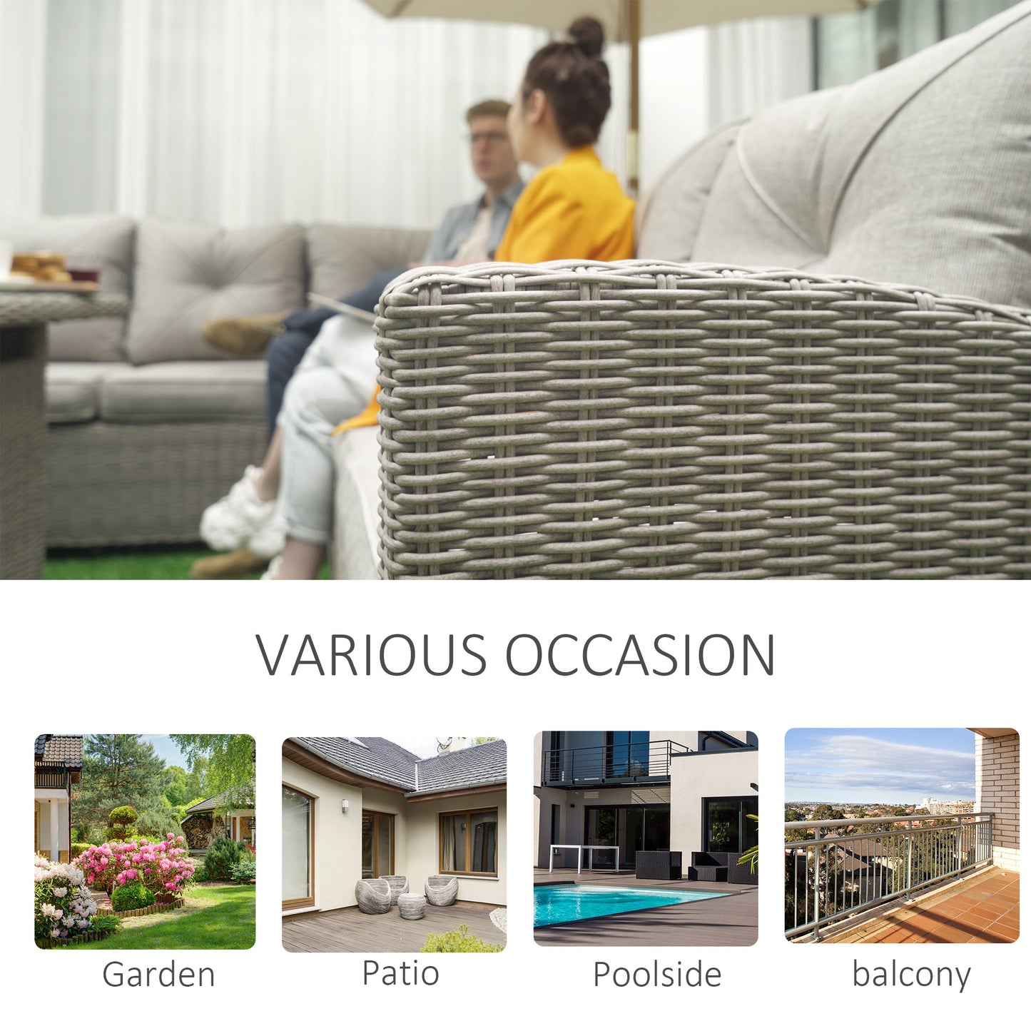 Outsunny 8-Seater Outdoor PE Rattan Sofa Set Conversation Set w/ Fire Pit Table, L-Shape Sofa, Footstool and Furniture Cover