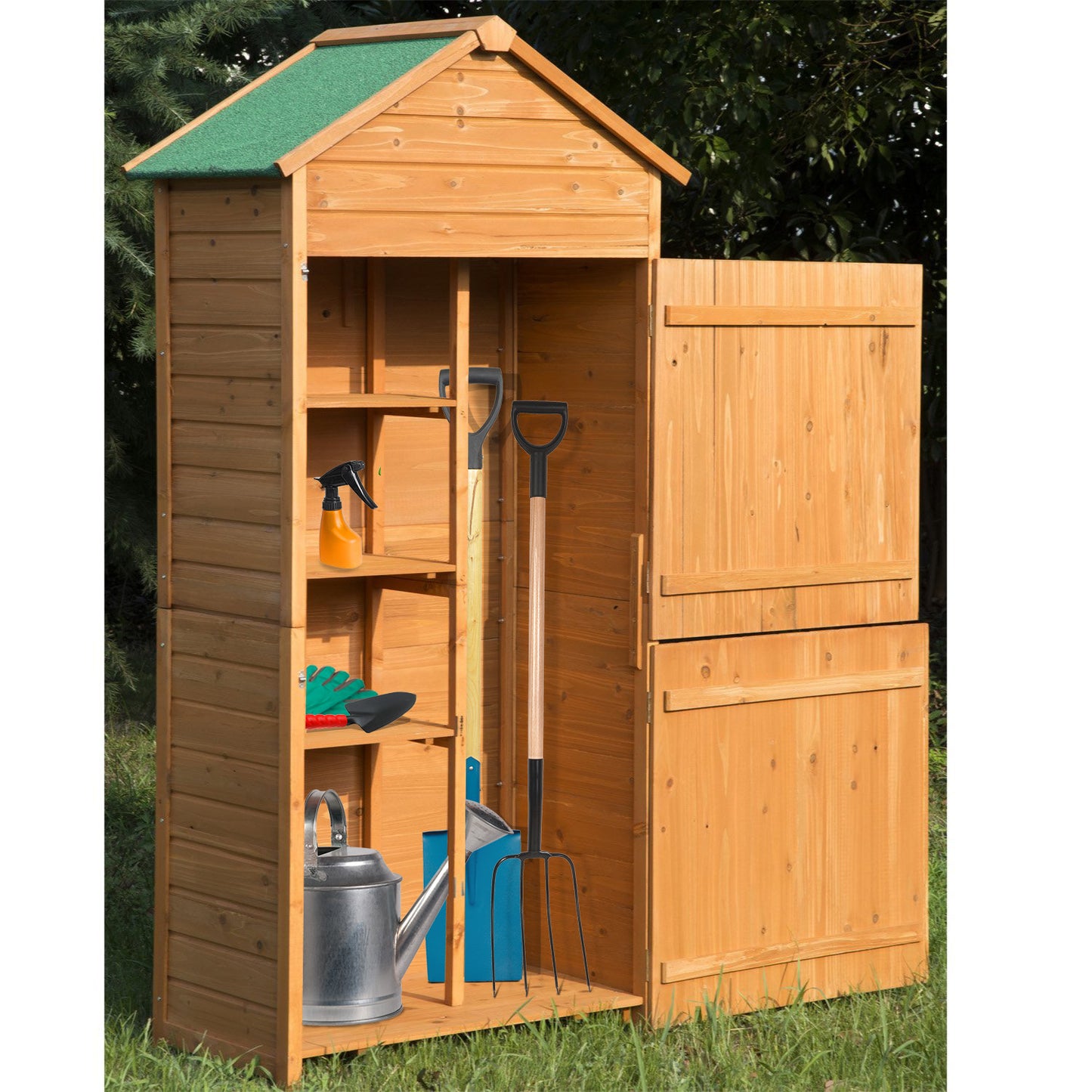 Outsunny 4-Tier Lockable Outdoor Garden Utility Gardener Tool Kit Storage Cabinet Wood Color
