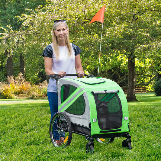 PawHut 2-In-1 Dog Bike Trailer Pet Stroller with Universal Wheel Reflector Flag Green