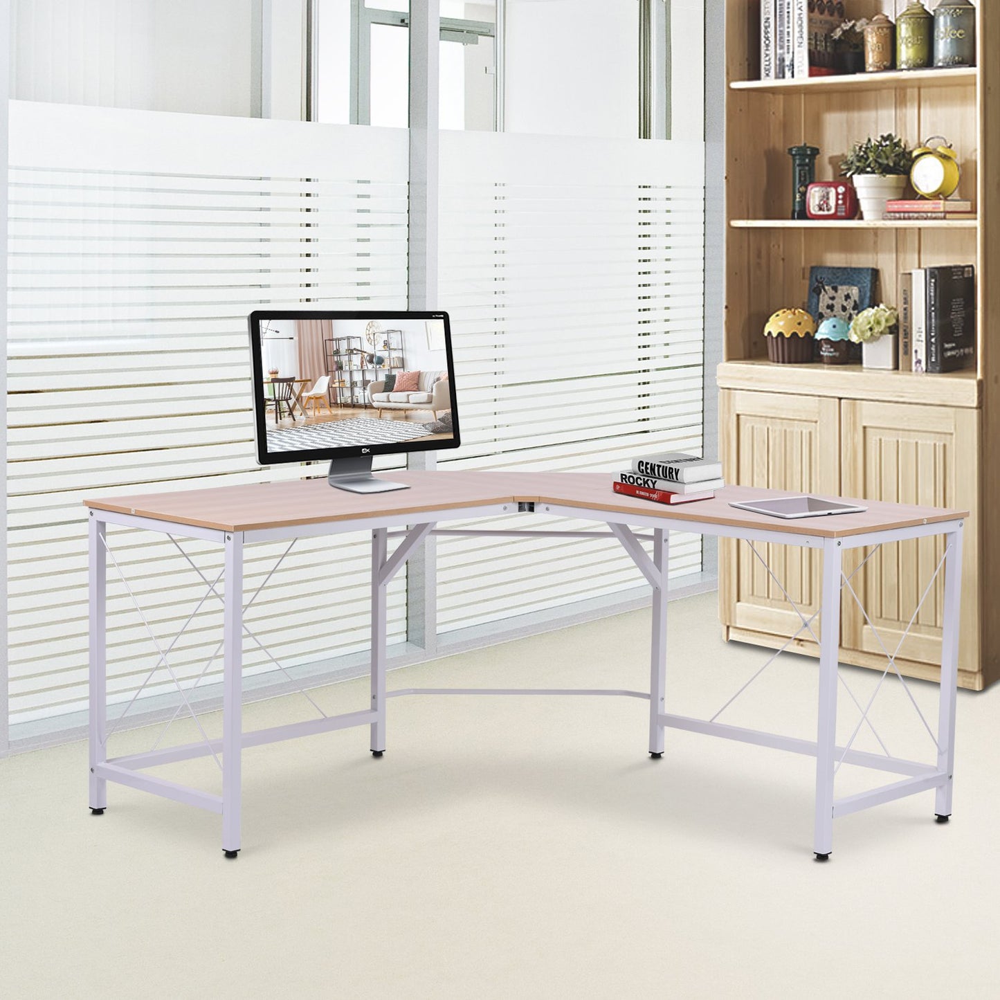 HOMCOM L-Shaped Corner Desk Computer Desk Table For Home Office Workstation w/Steel Frame Oak