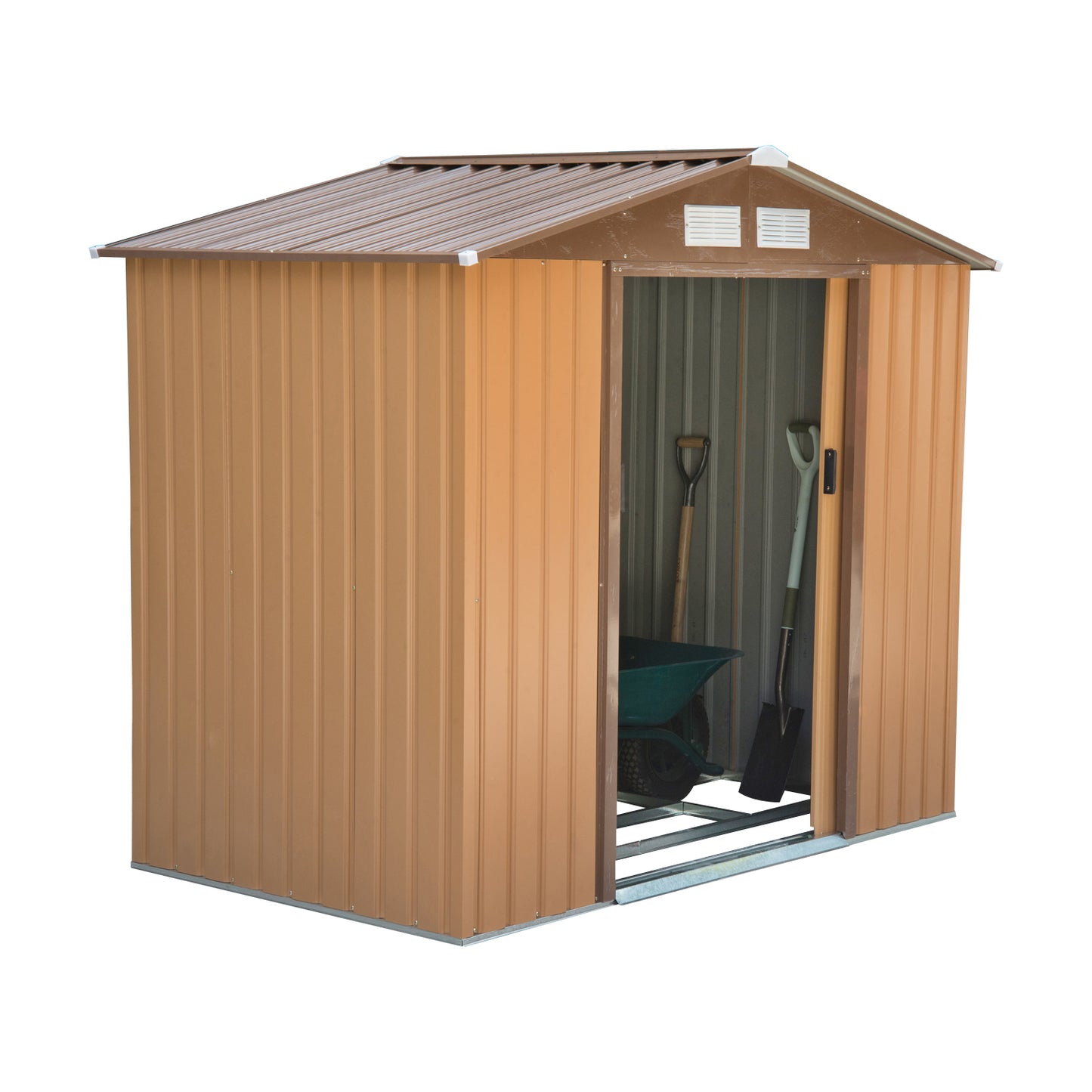 Outsunny 7 x 4ft Lockable Garden Shed Large Patio Roofed Tool Metal Storage Building Foundation Sheds - Khaki