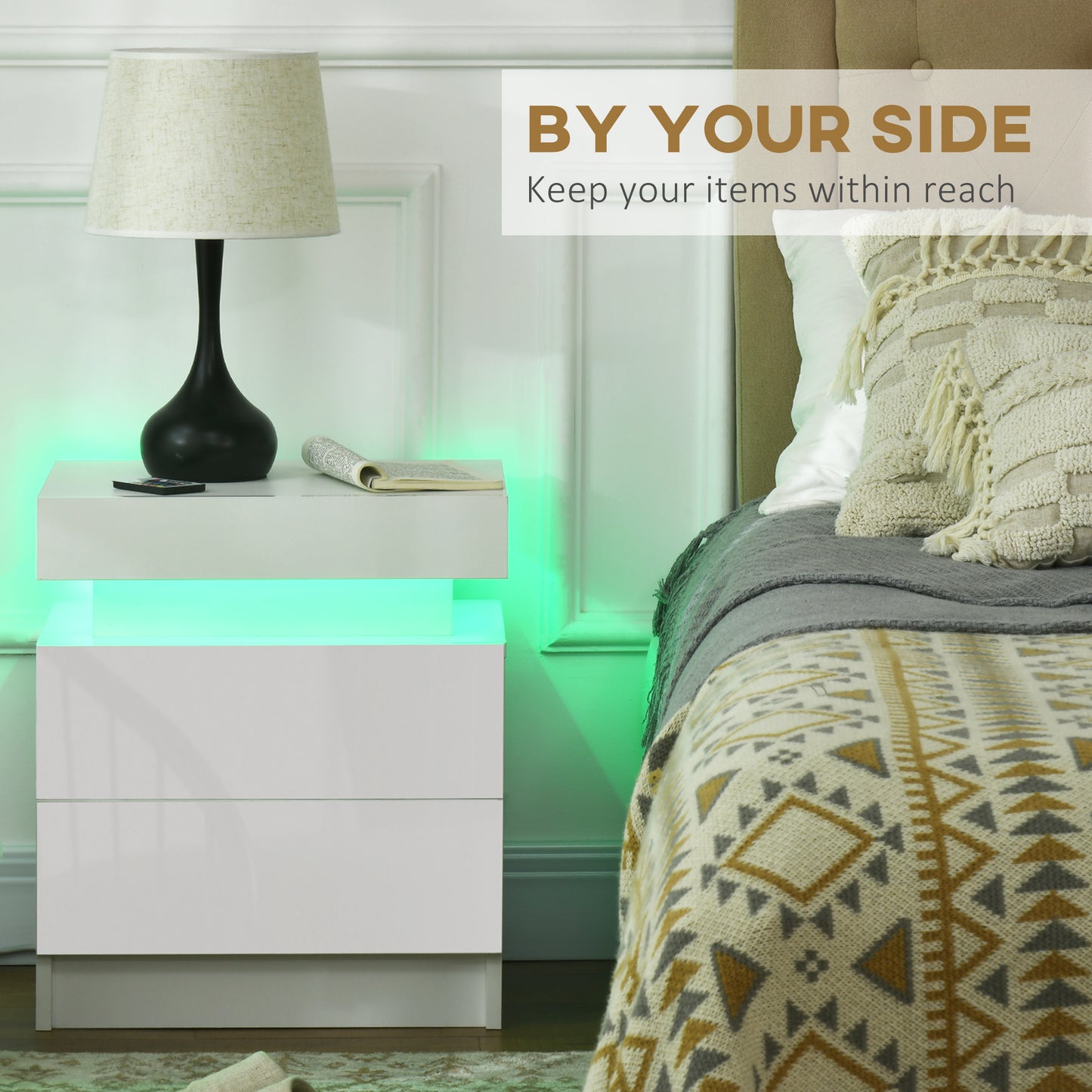 HOMCOM Futuristic LED Light Bedside Table, with Two Drawers - High Gloss White