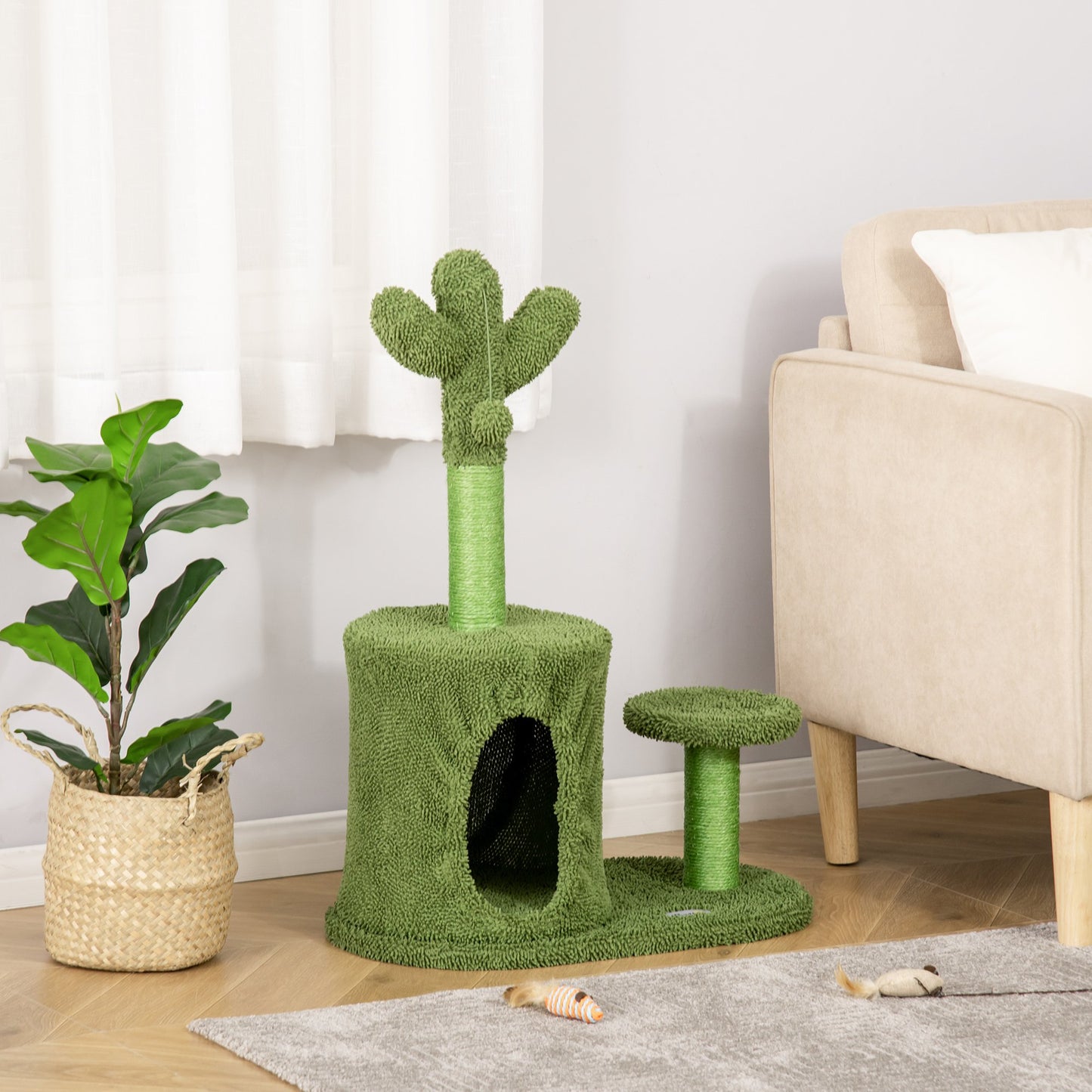 PawHut Cat Tree Tower Cactus Shape w/ Scratching Post Condo Perch Ball Kitten Toy