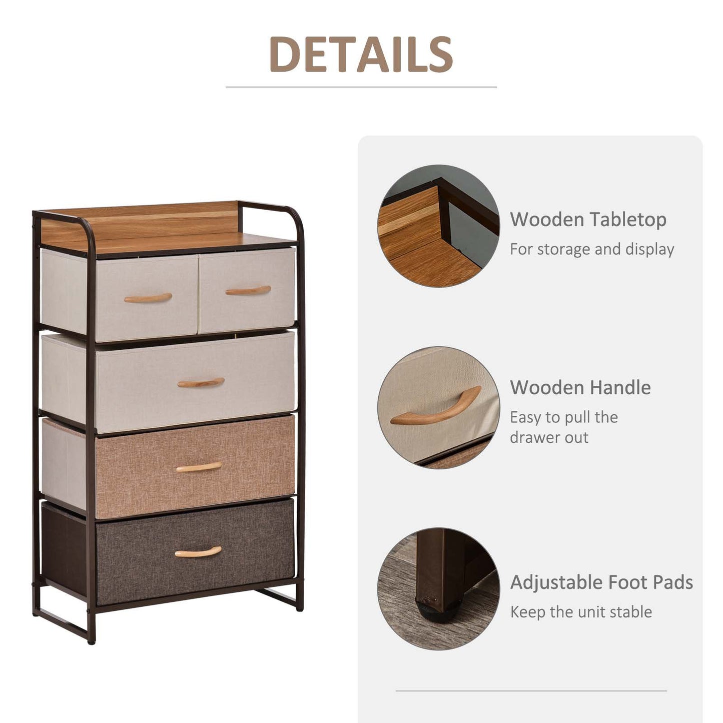 HOMCOM 5-Drawer Dresser Tower Fabric Chest of Drawers with Steel Frame Wooden Top