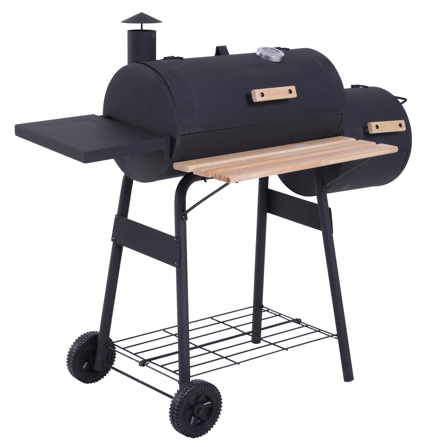 Outsunny Portable Charcoal BBQ Grill, Cold-rolled Steel, Solid Wood, 104H x 124L x53W cm-Black