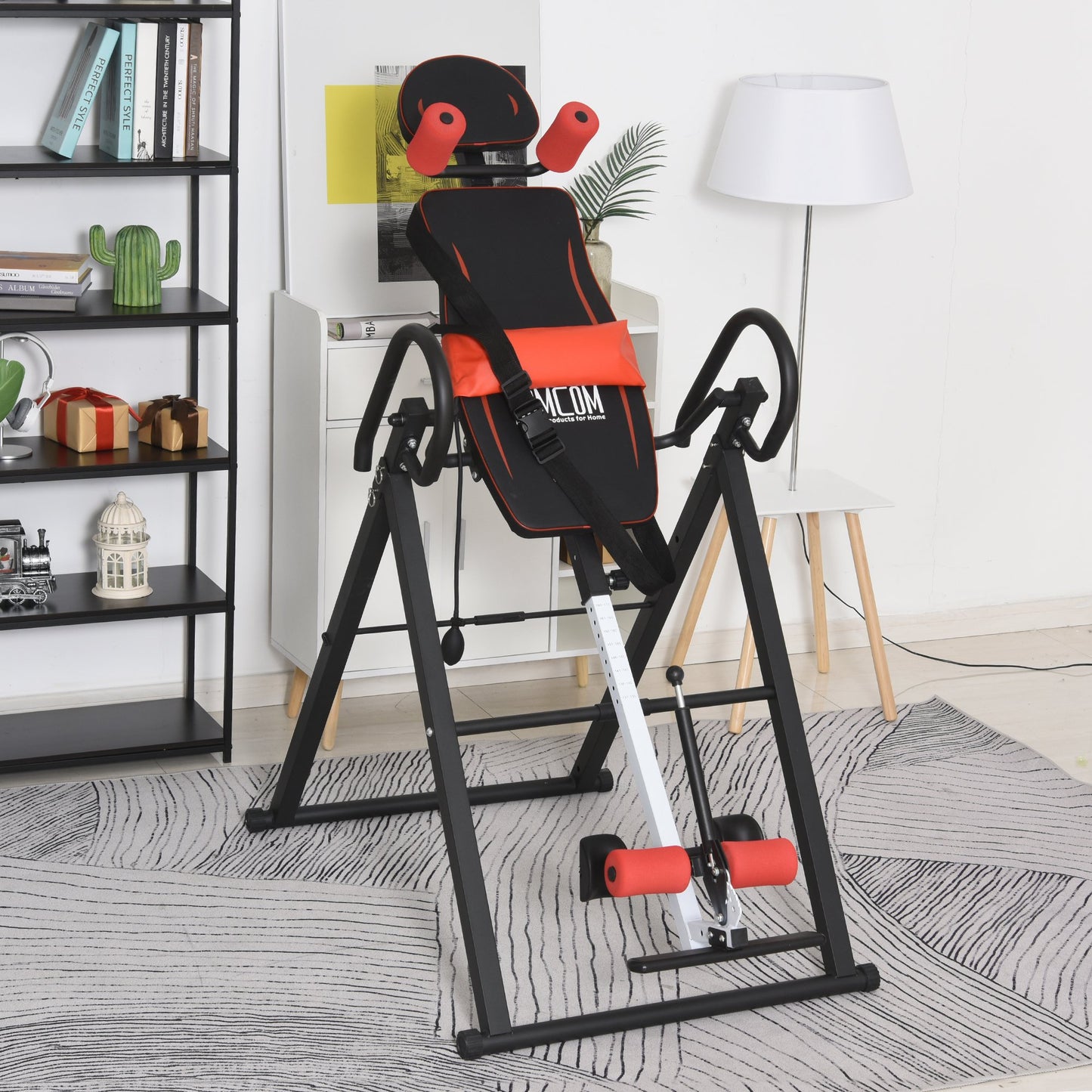 HOMCOM Steel Adjustable Gravity Inversion Table w/ Safety Belt Adjustable Hand Stand Home Back Stretcher Machine Red/Black