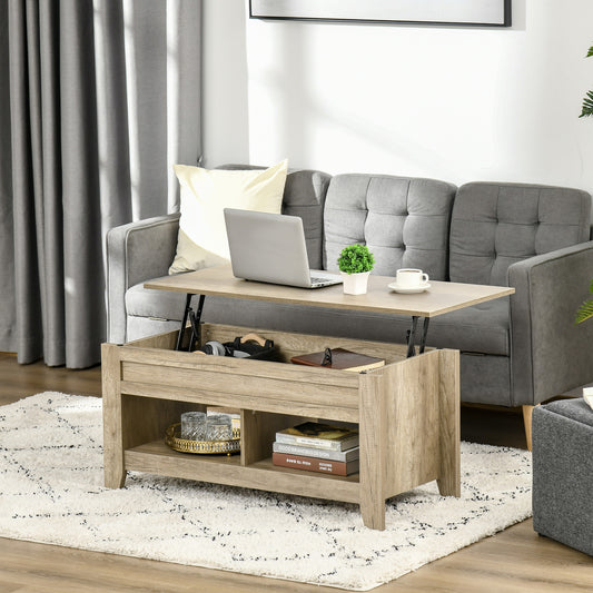 HOMCOM Lift Top Coffee Table with Storage Compartment & Shelf Living Room, Oak Effect