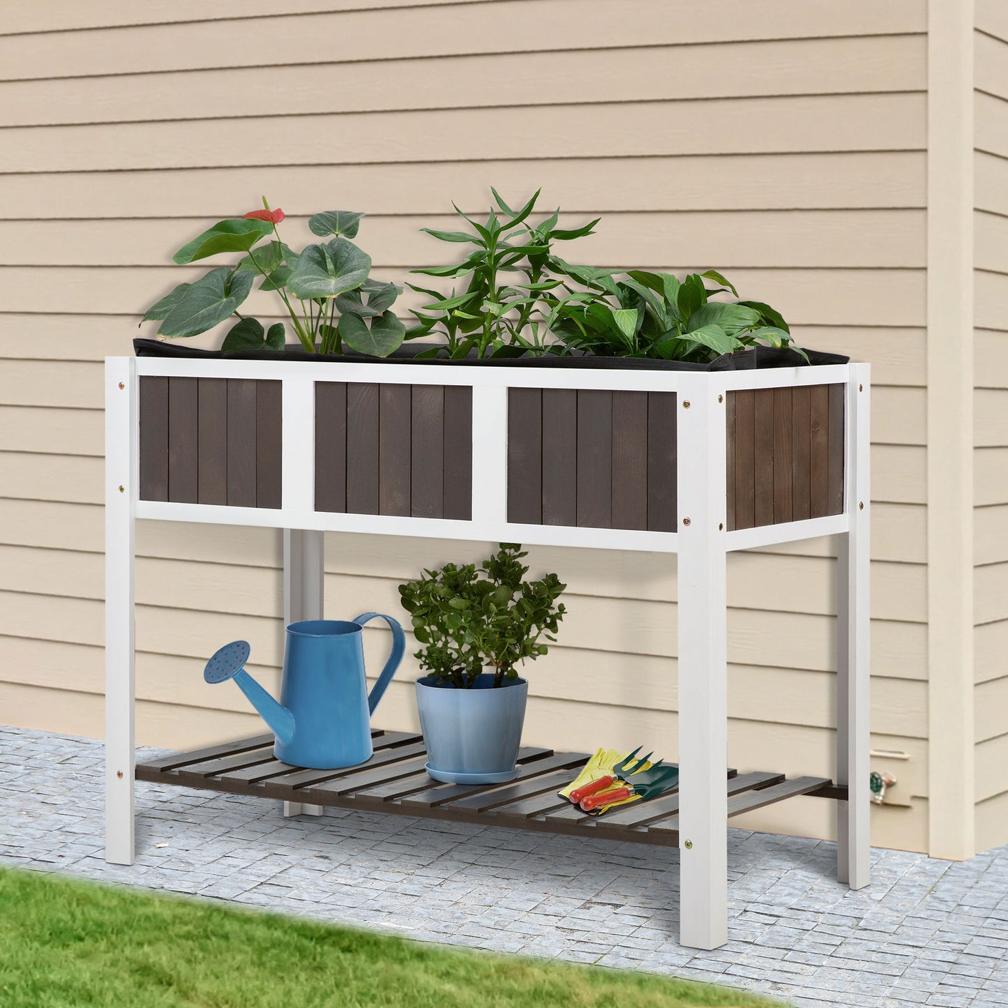 Outsunny Wooden Planter Raised Elevated Garden Bed with Shelf Solid Wood Outdoor/Indoor