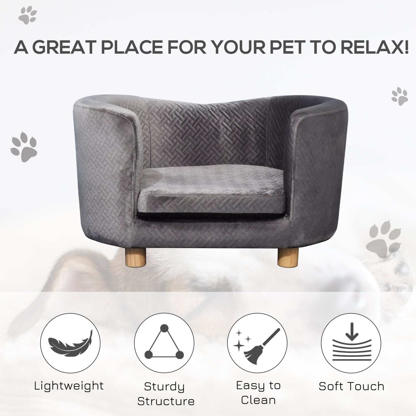 PawHut Pet Sofa Couch, Dog Bed, Cat Lounger, Modern Furniture w/ Wooden Legs Removable Cushion for Small Dogs, 65x44.5x36 cm, Grey