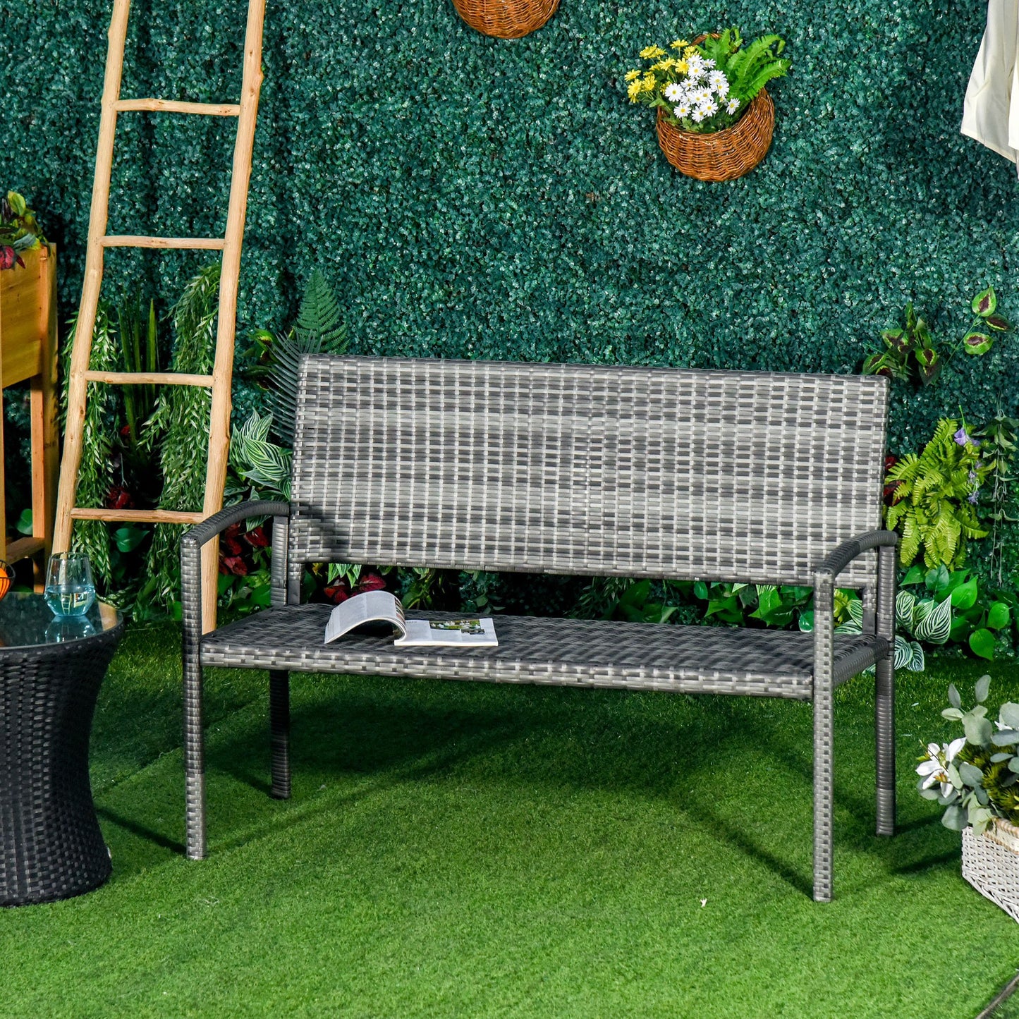Outsunny Patio Rattan 2 Seater Garden Bench Love Seater Armchair Furniture Outdoor Garden